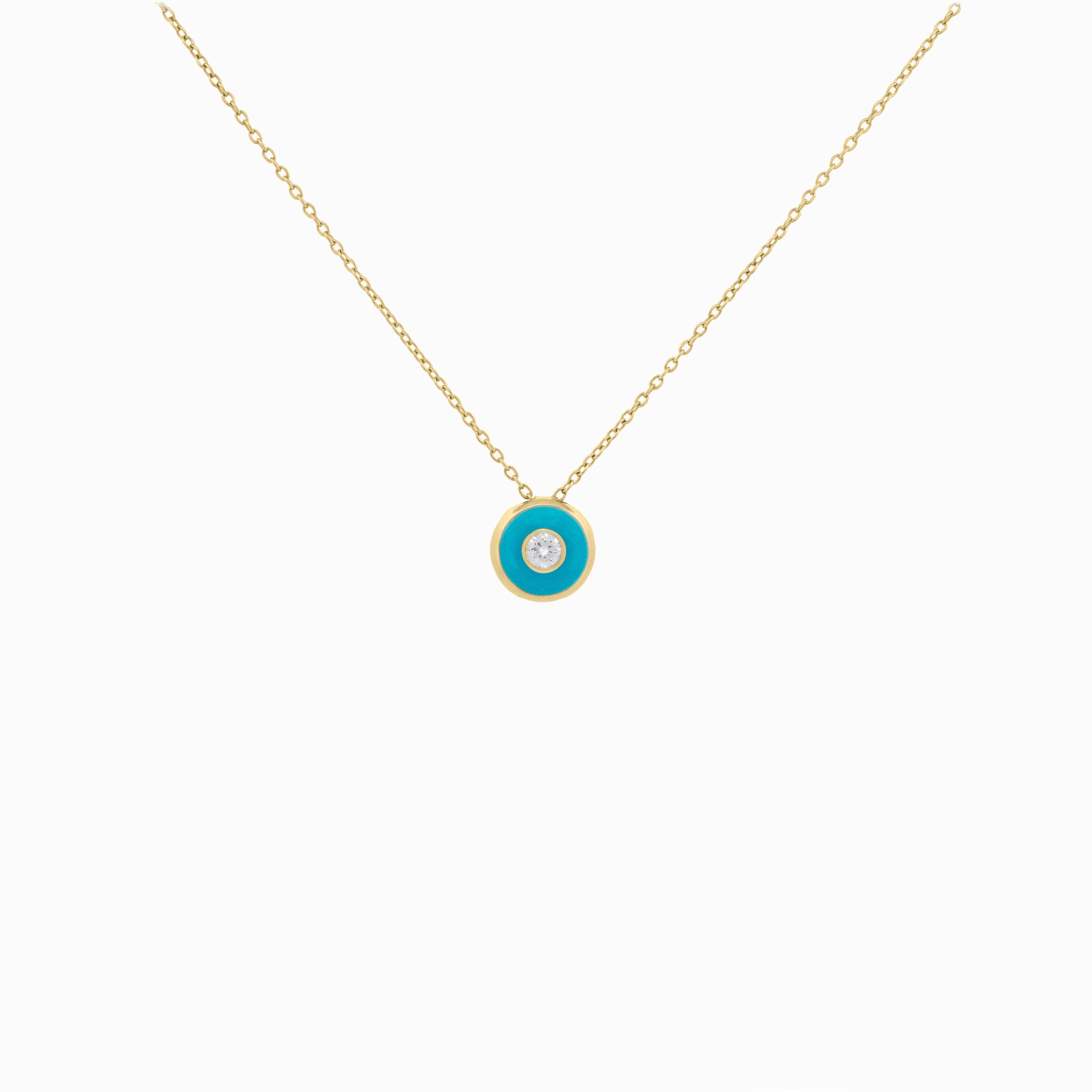 Turquoise Enamel Round Pendant with Diamond Center