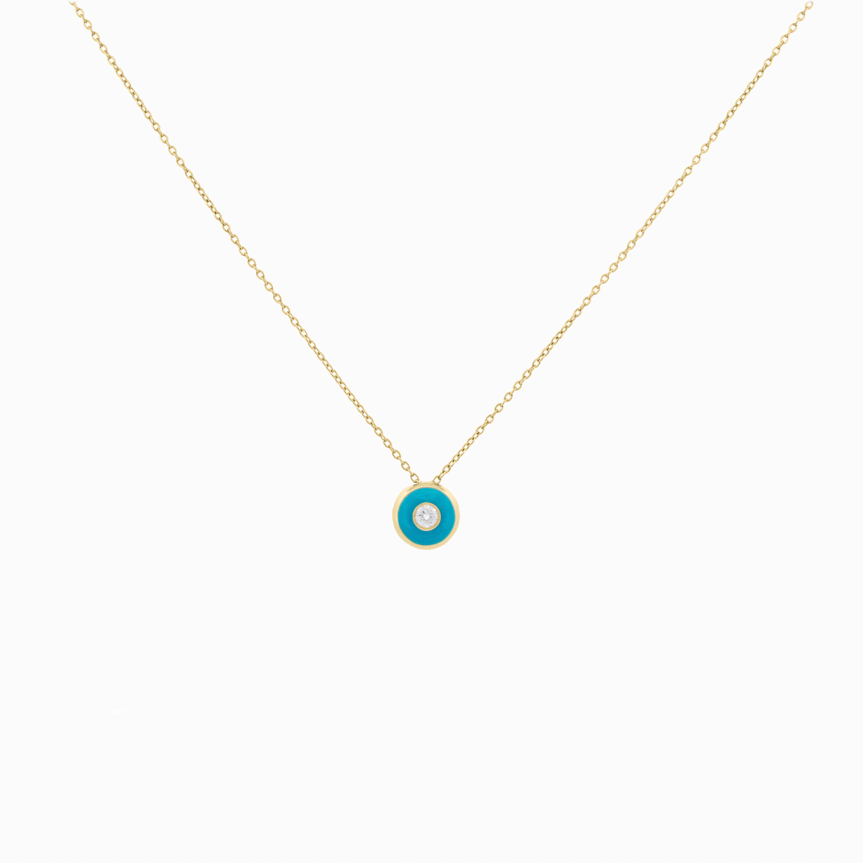 Turquoise Enamel Round Pendant with Diamond Center