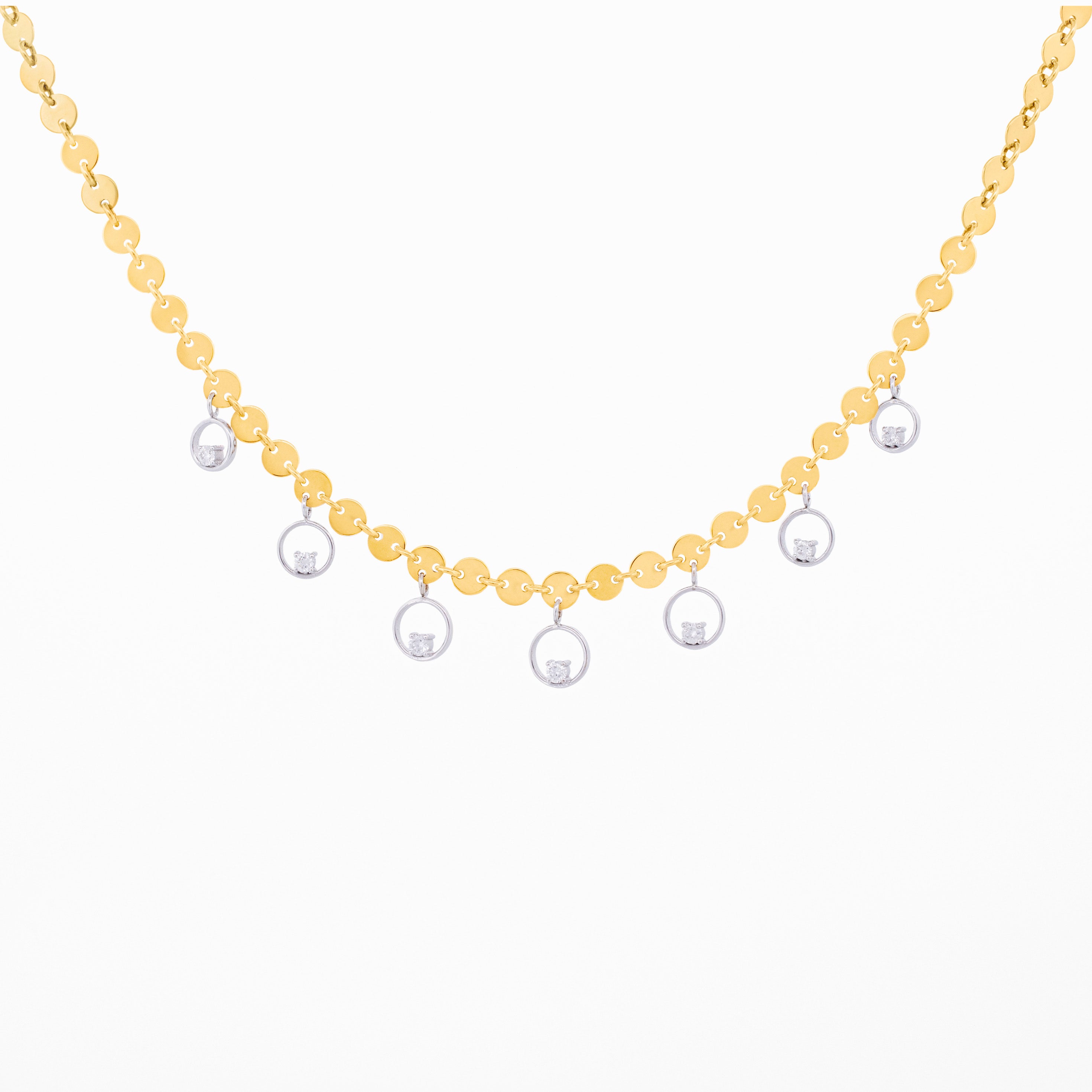 Sequin Disc Necklace with Diamond encrusted Round Drops