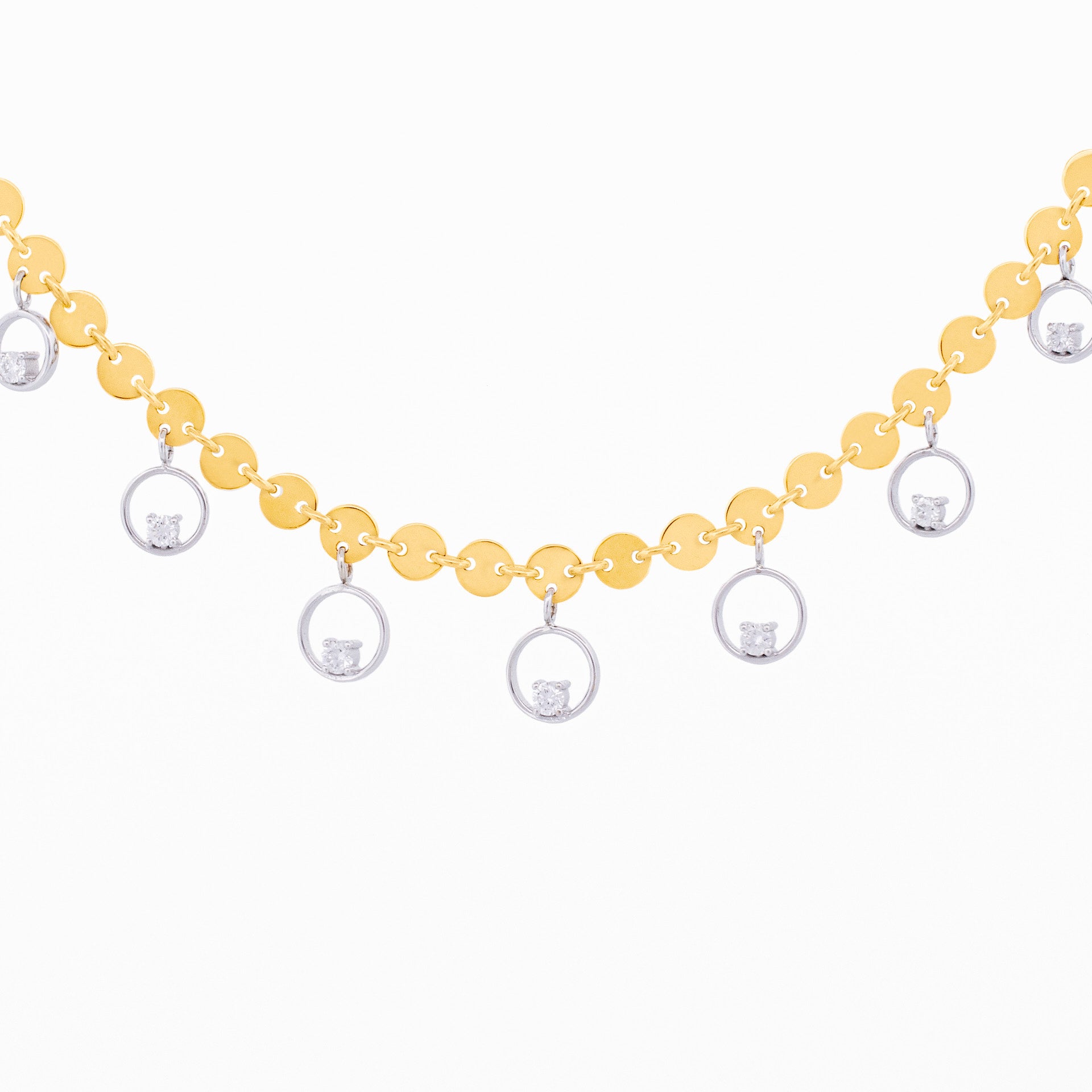 Sequin Disc Necklace with Diamond encrusted Round Drops