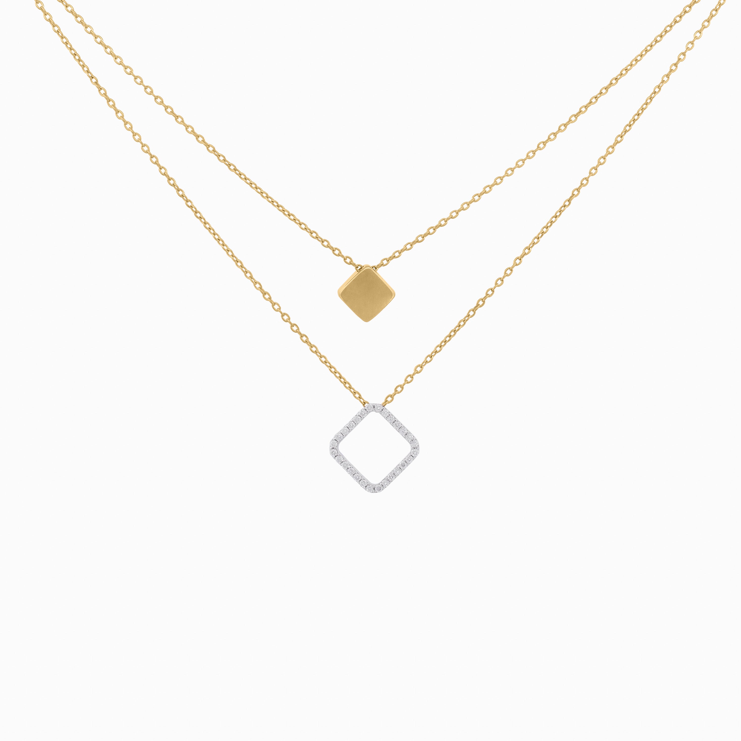Double Layer Chain Necklace With Square Shape Pendants with Diamond