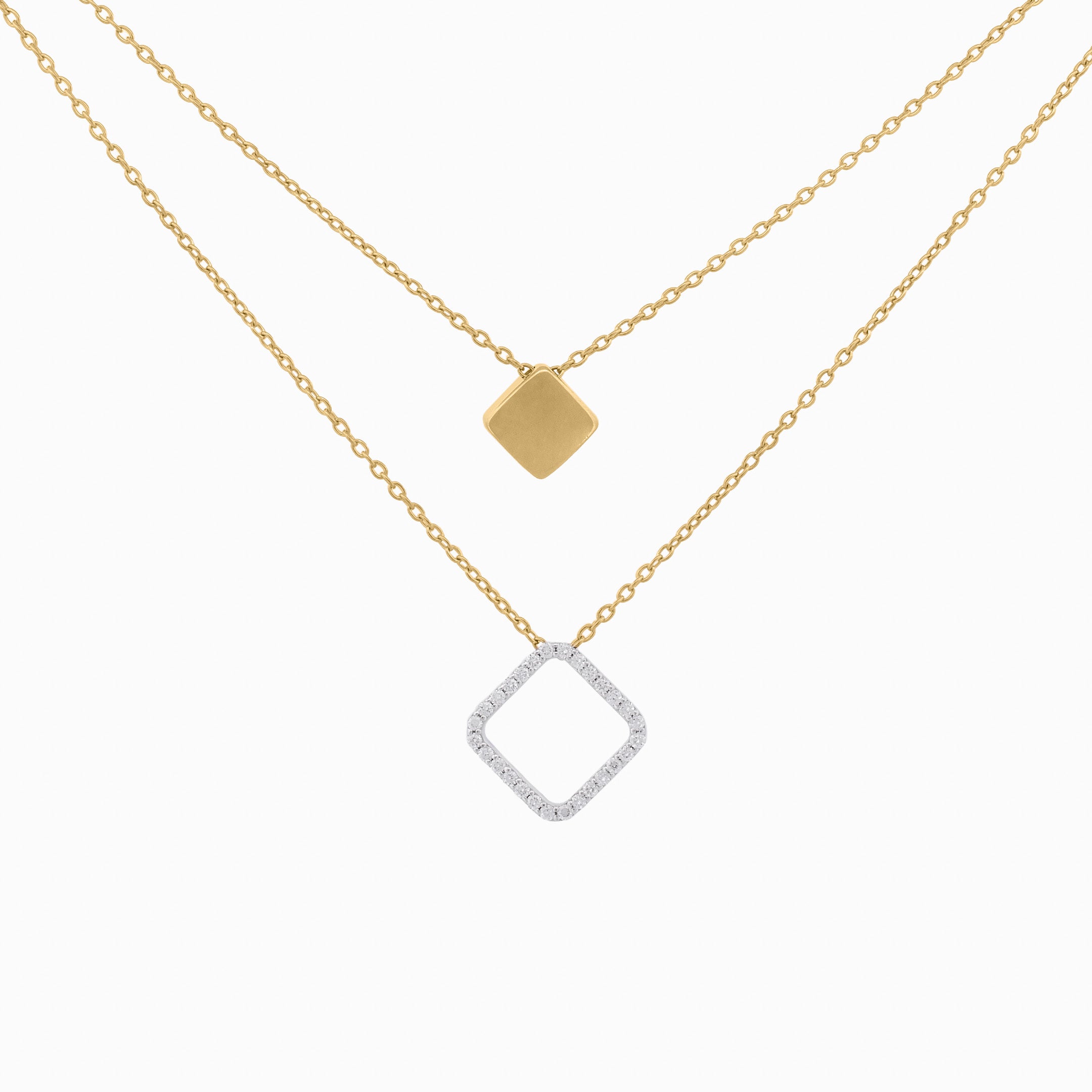 Double Layer Chain Necklace With Square Shape Pendants with Diamond