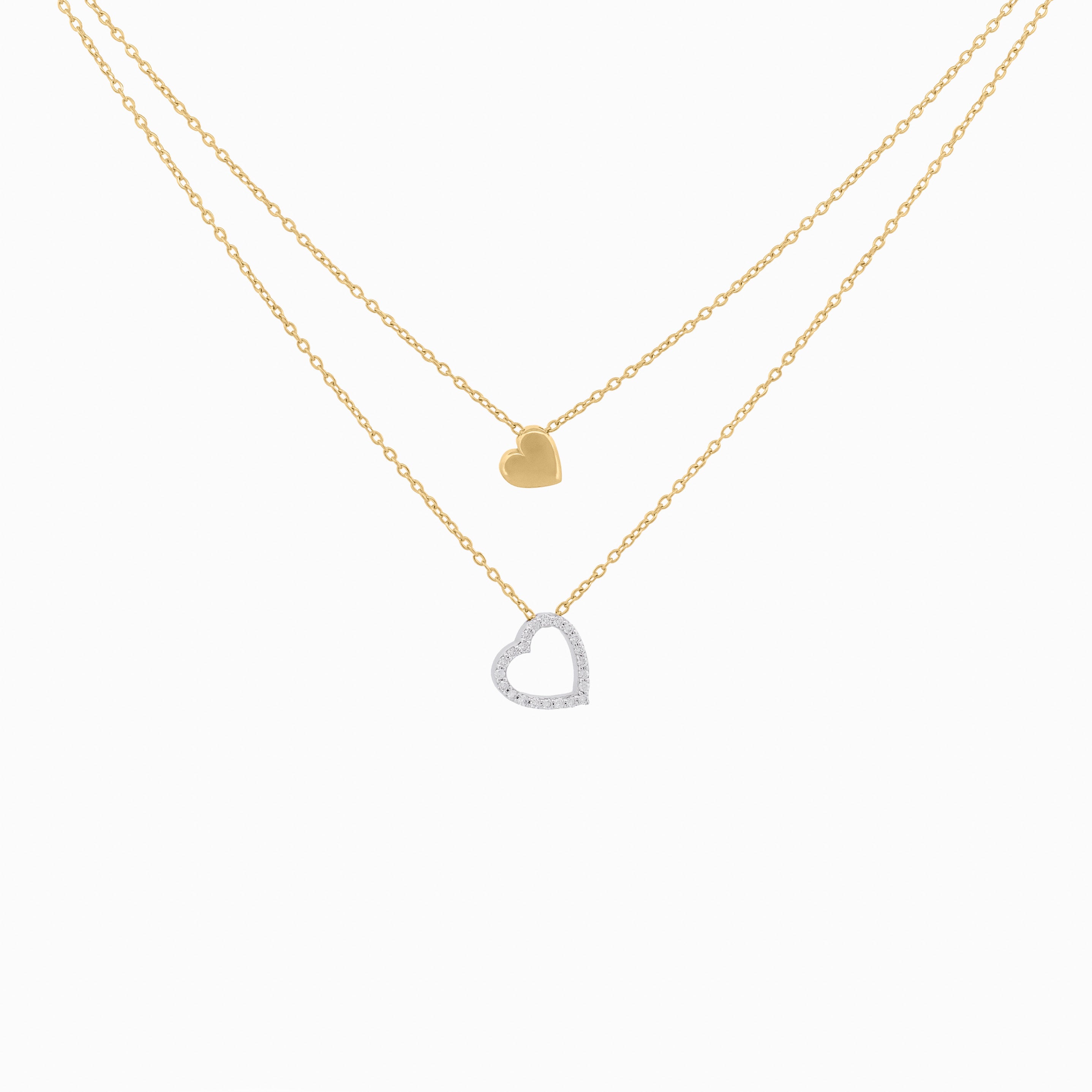 Double Layer Chain Necklace With Heart Shape Pendants with Diamond