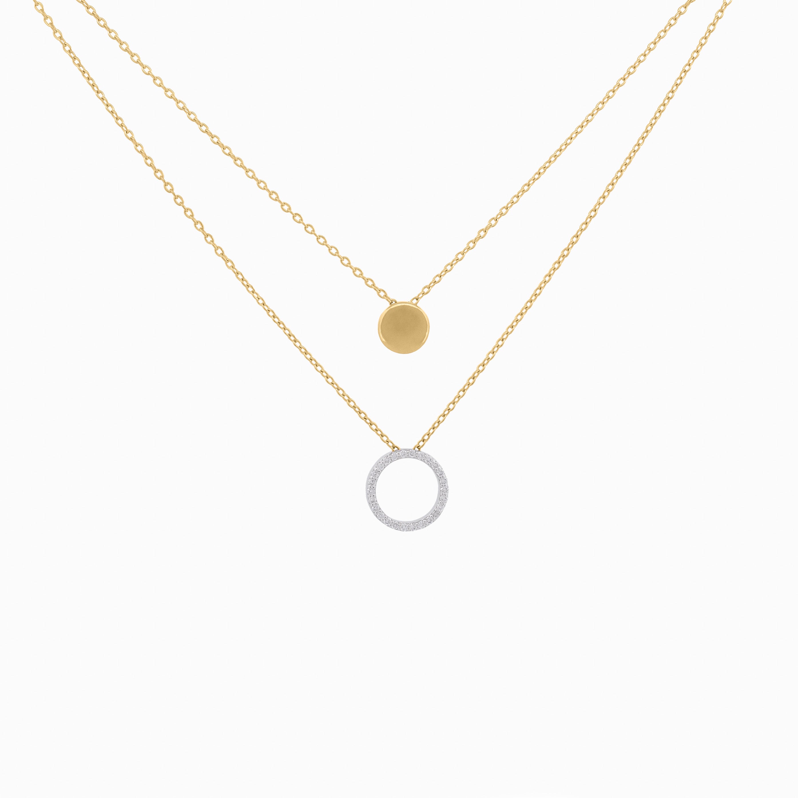 Double Layer Chain Necklace With Round Shape Pendants with Diamond