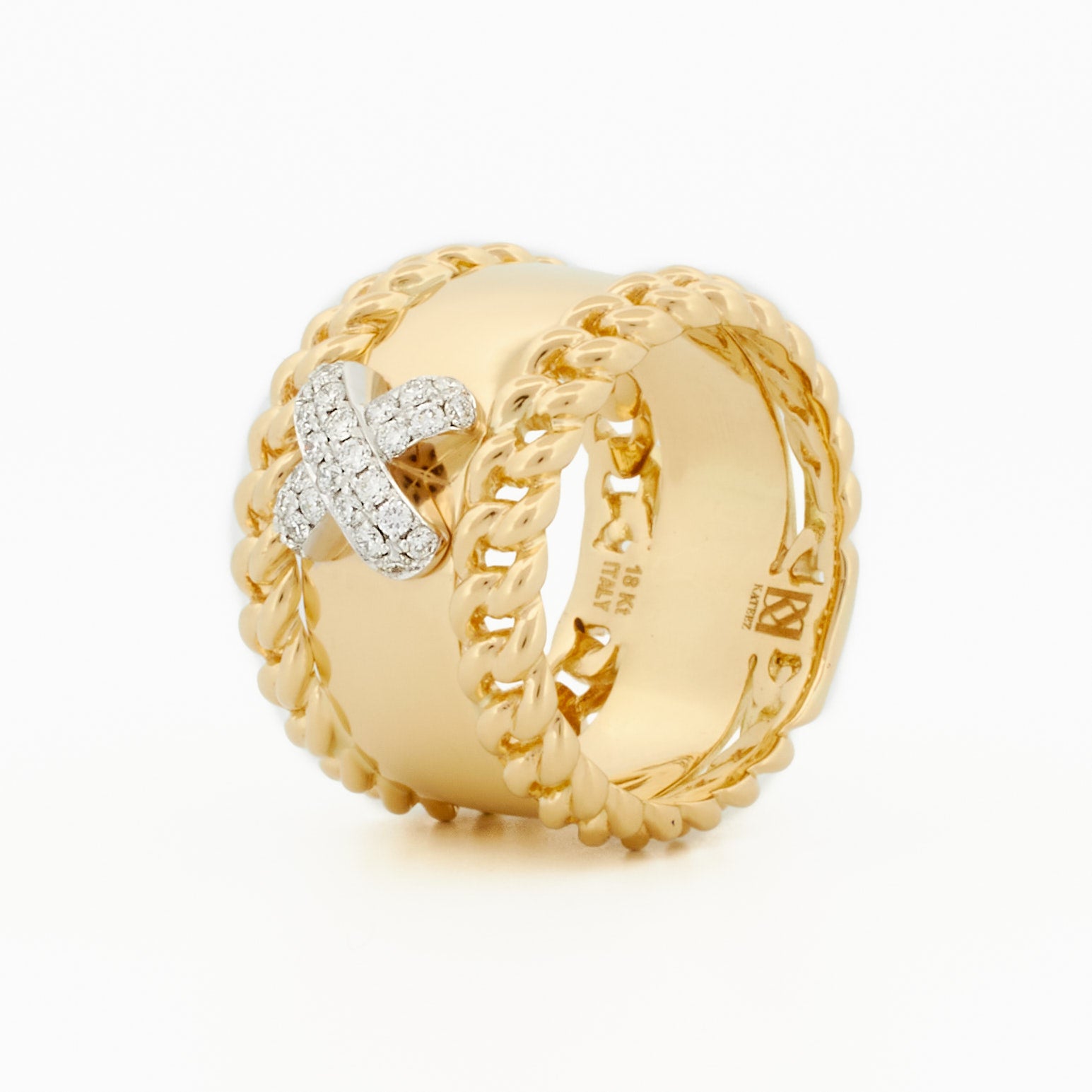 Ring with Chain Accents and Criss-Cross Pavé Diamond Center