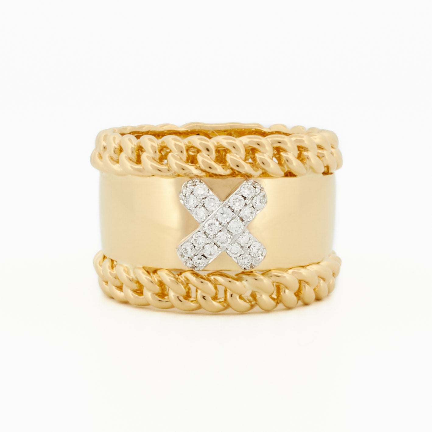 Ring with Chain Accents and Criss-Cross Pavé Diamond Center