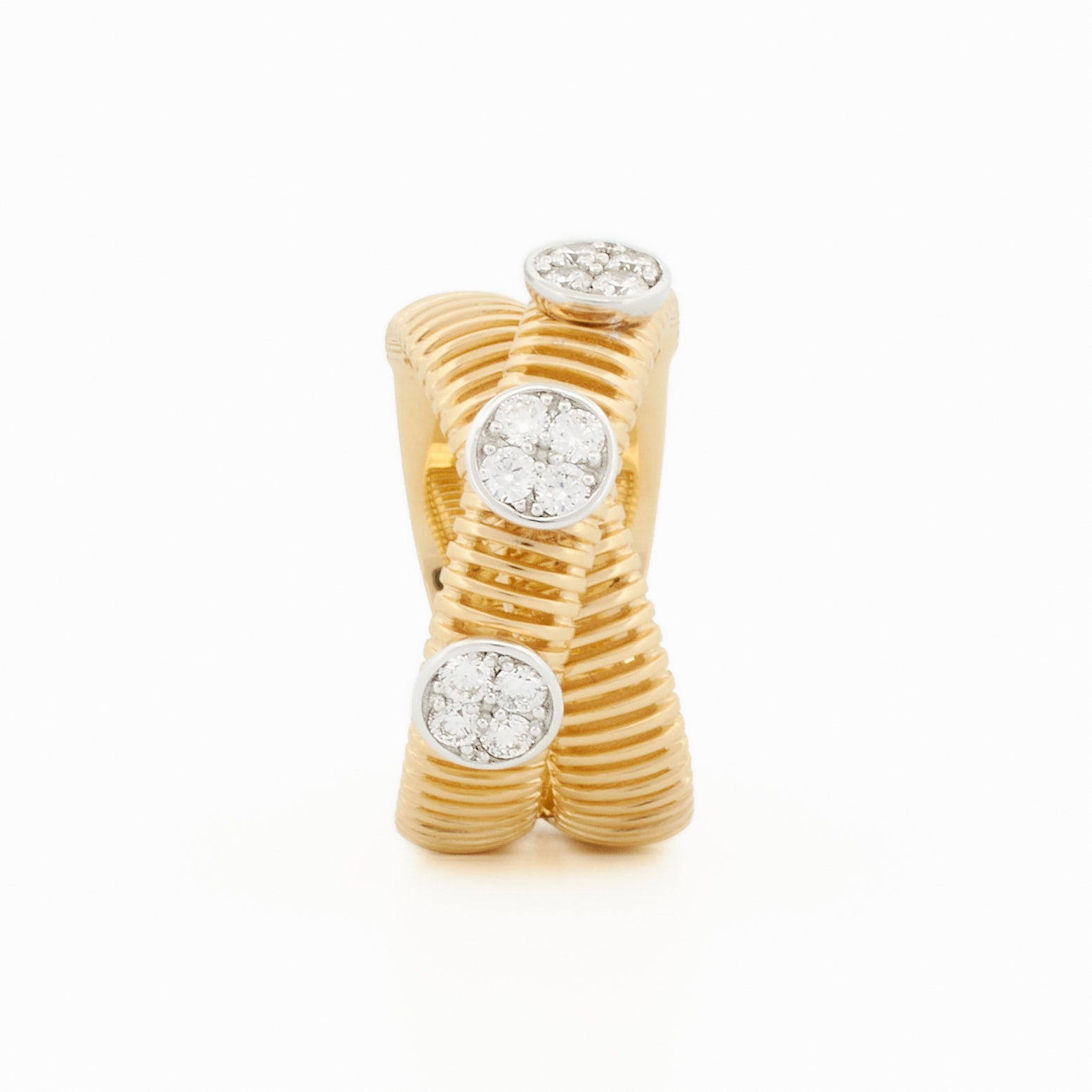 Stunning Crossover Ring with Diamond Cluster Accents