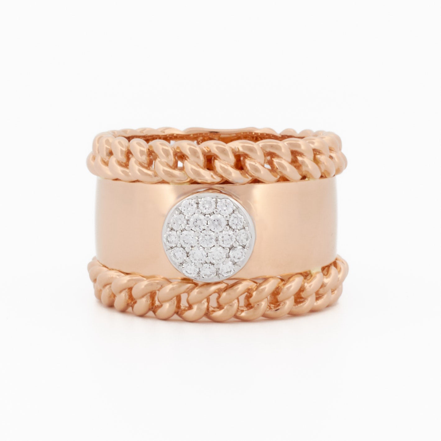 Ring with Chain Accents and Round Pavé Diamond Center