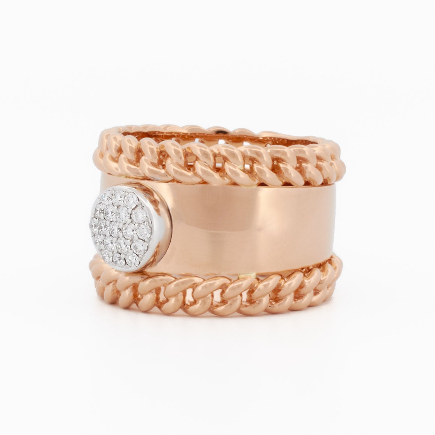 Ring with Chain Accents and Round Pavé Diamond Center