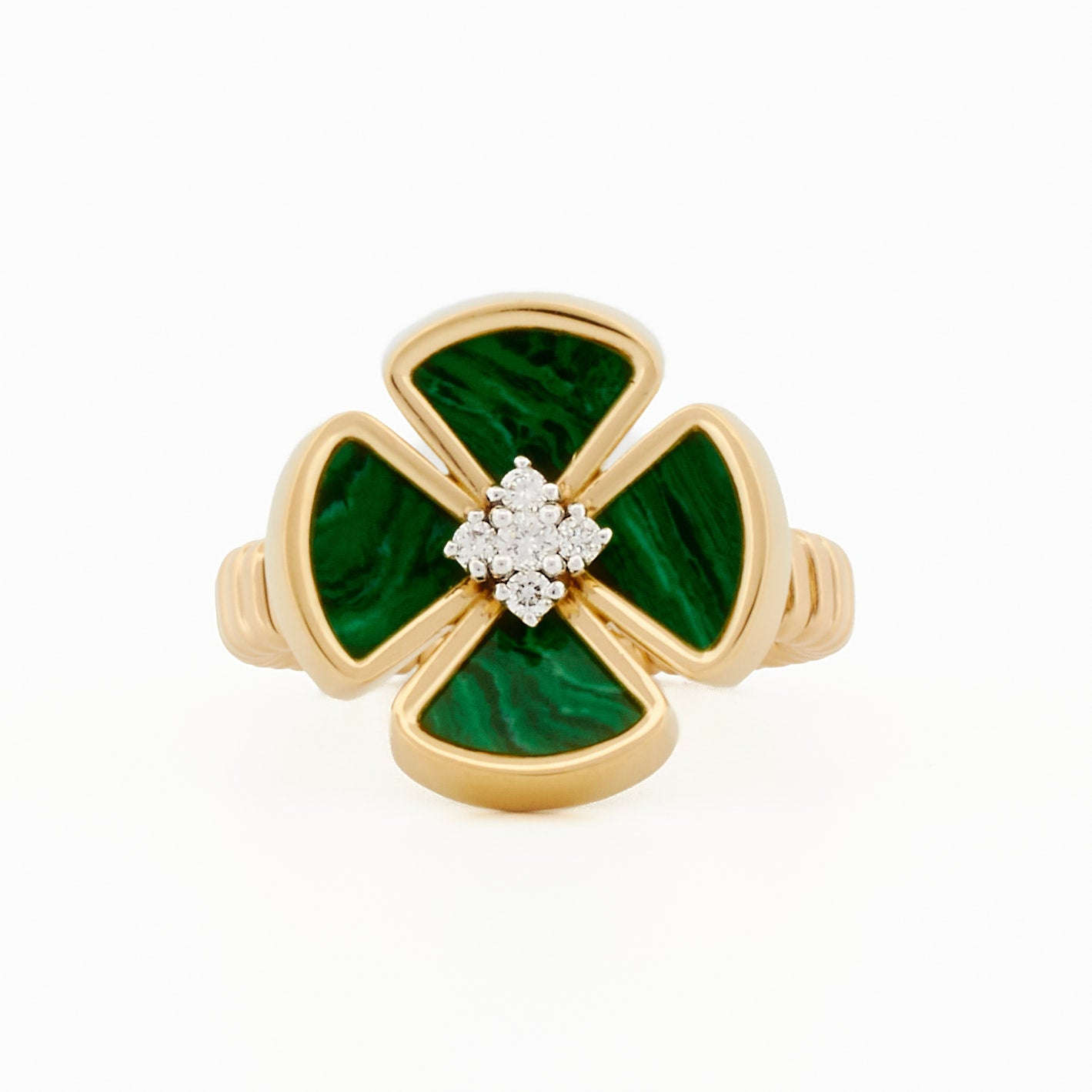 Malachite Clover Ring with Diamond Center