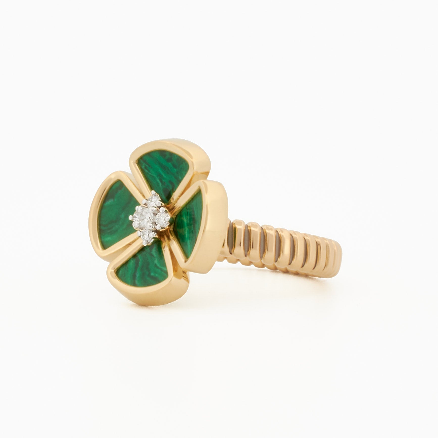 Malachite Clover Ring with Diamond Center