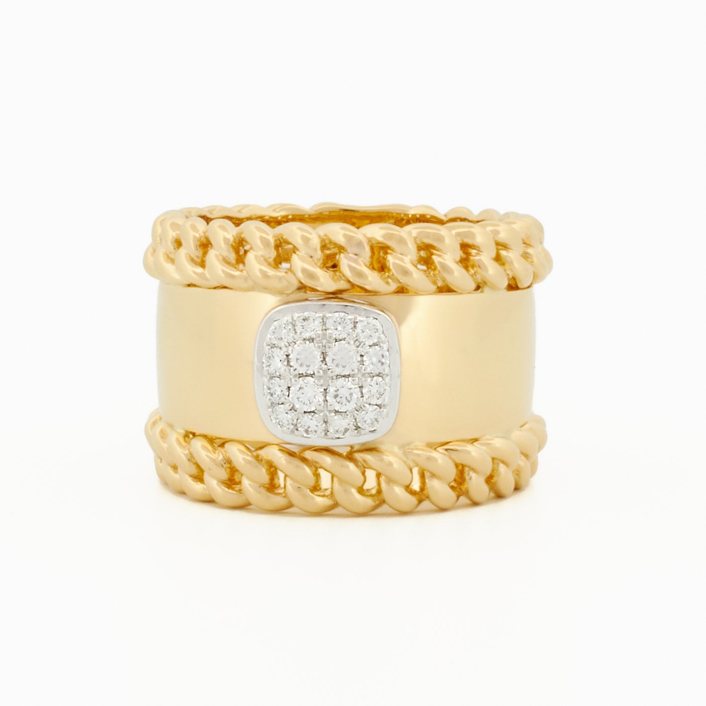 Ring with Chain Accents and Square Pavé Diamond Center