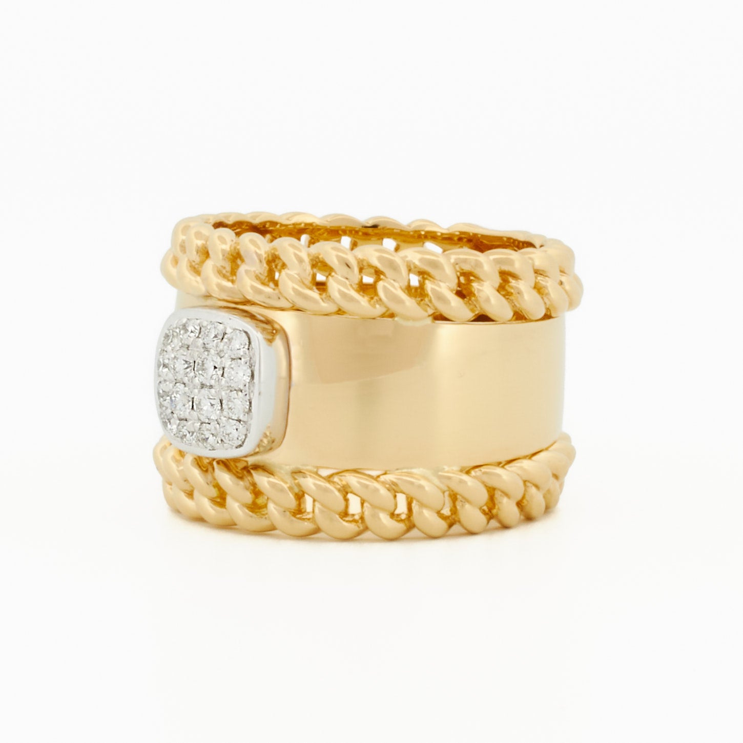 Ring with Chain Accents and Square Pavé Diamond Center