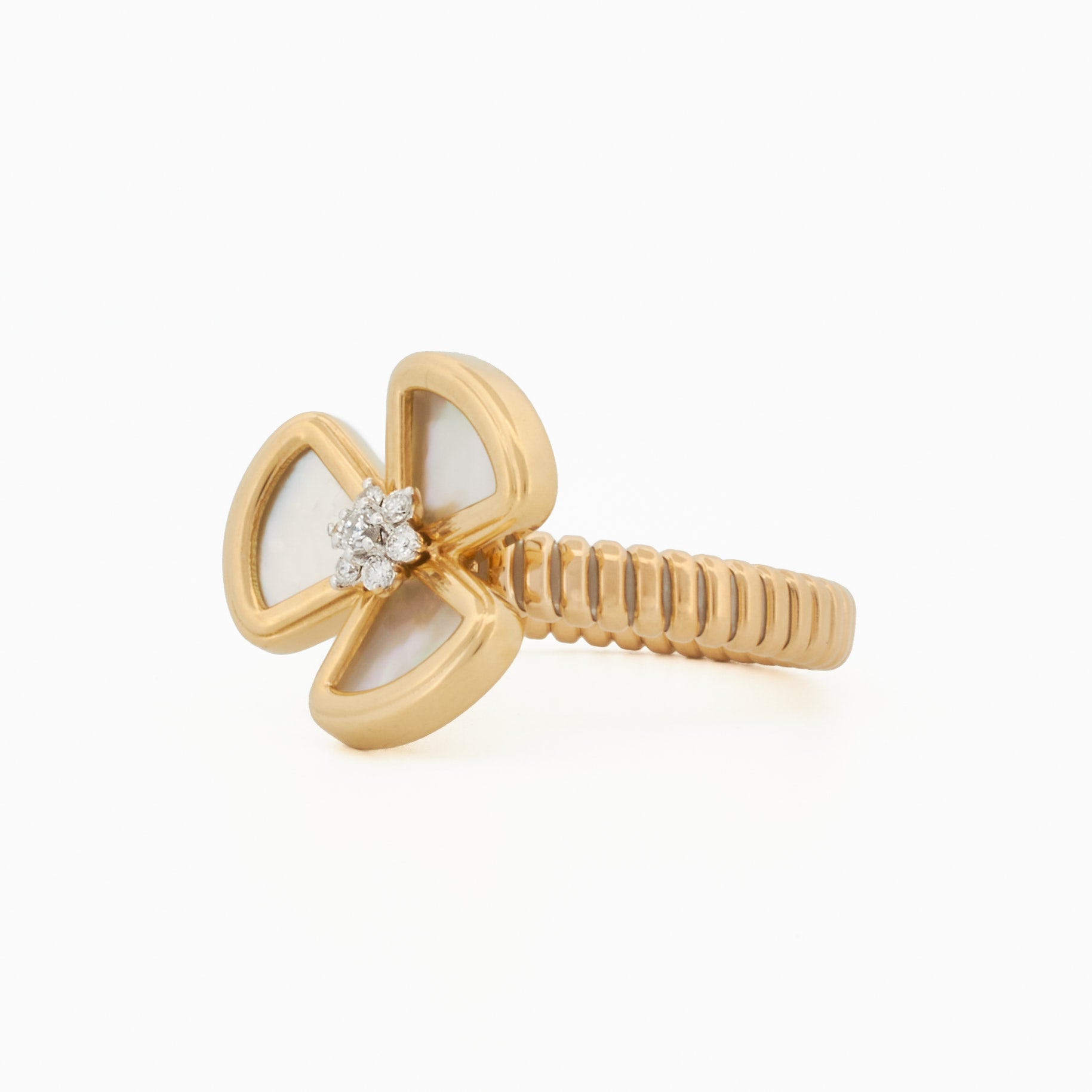 Mother-of-Pearl Three Leaf Ring with Diamond Center