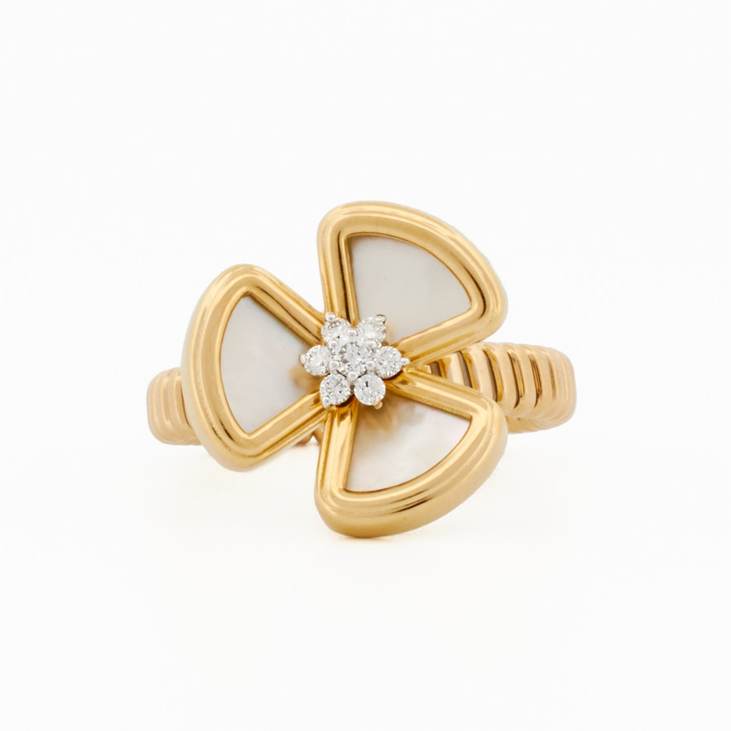 Mother-of-Pearl Three Leaf Ring with Diamond Center