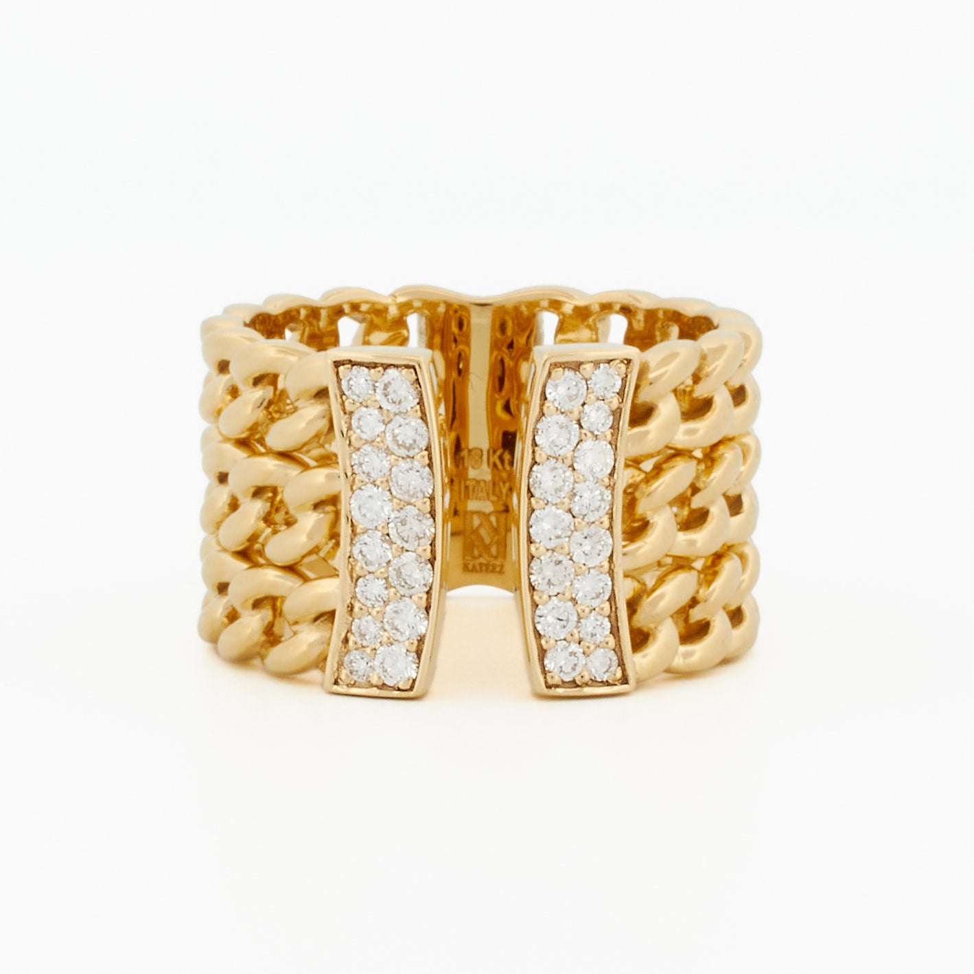 Three Row Chain Ring with Half Moon Pavé Diamond Accent