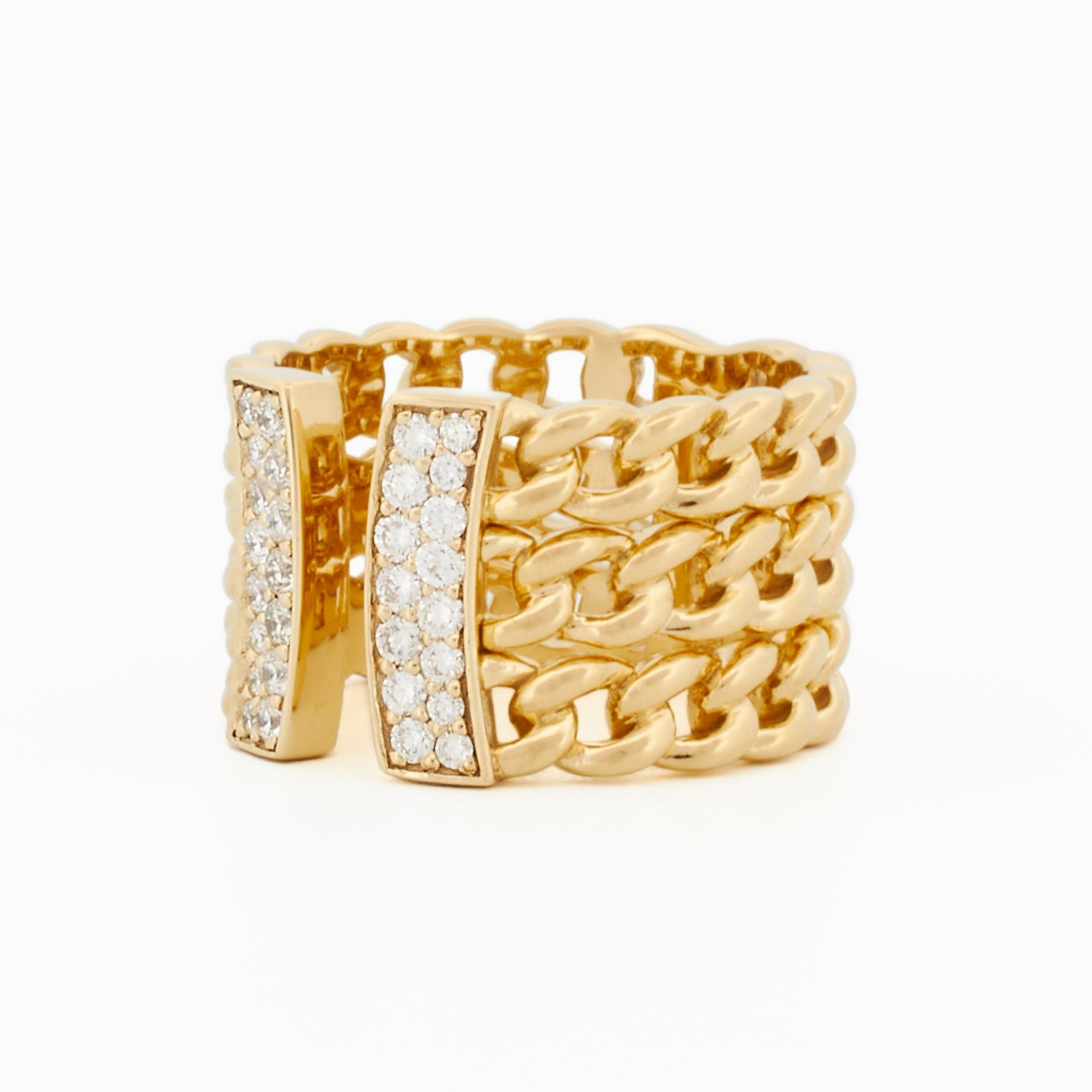 Three Row Chain Ring with Half Moon Pavé Diamond Accent
